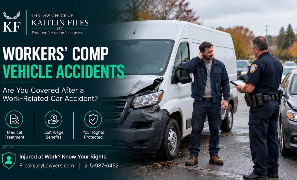 Car accident while working – injured delivery van driver speaking with a police officer