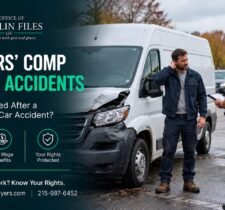 Car accident while working – injured delivery van driver speaking with a police officer