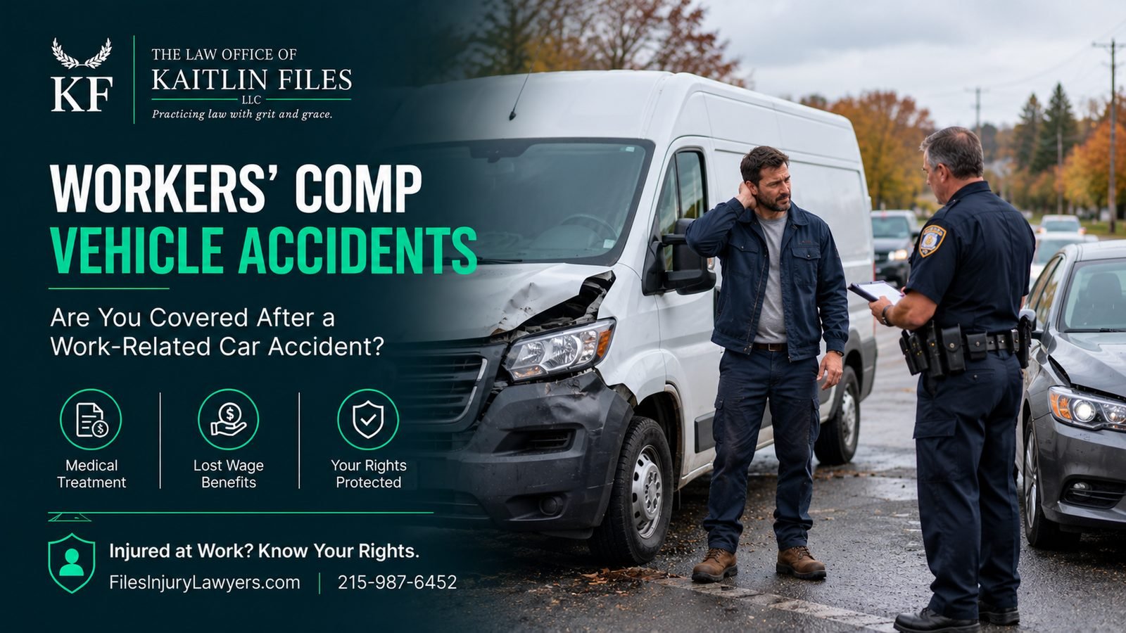 Car accident while working – injured delivery van driver speaking with a police officer