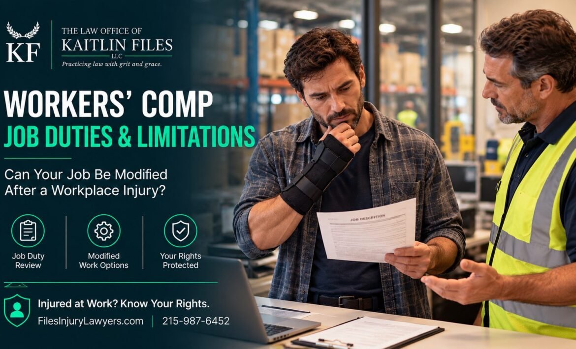 Light duty workers comp – injured warehouse worker reviewing a job description with his supervisor