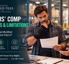 Light duty workers comp – injured warehouse worker reviewing a job description with his supervisor