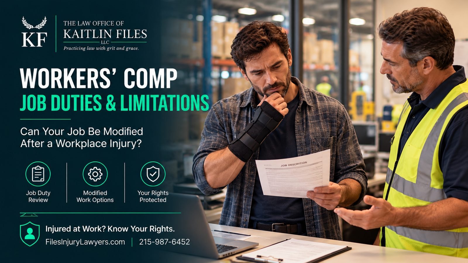 Light duty workers comp – injured warehouse worker reviewing a job description with his supervisor