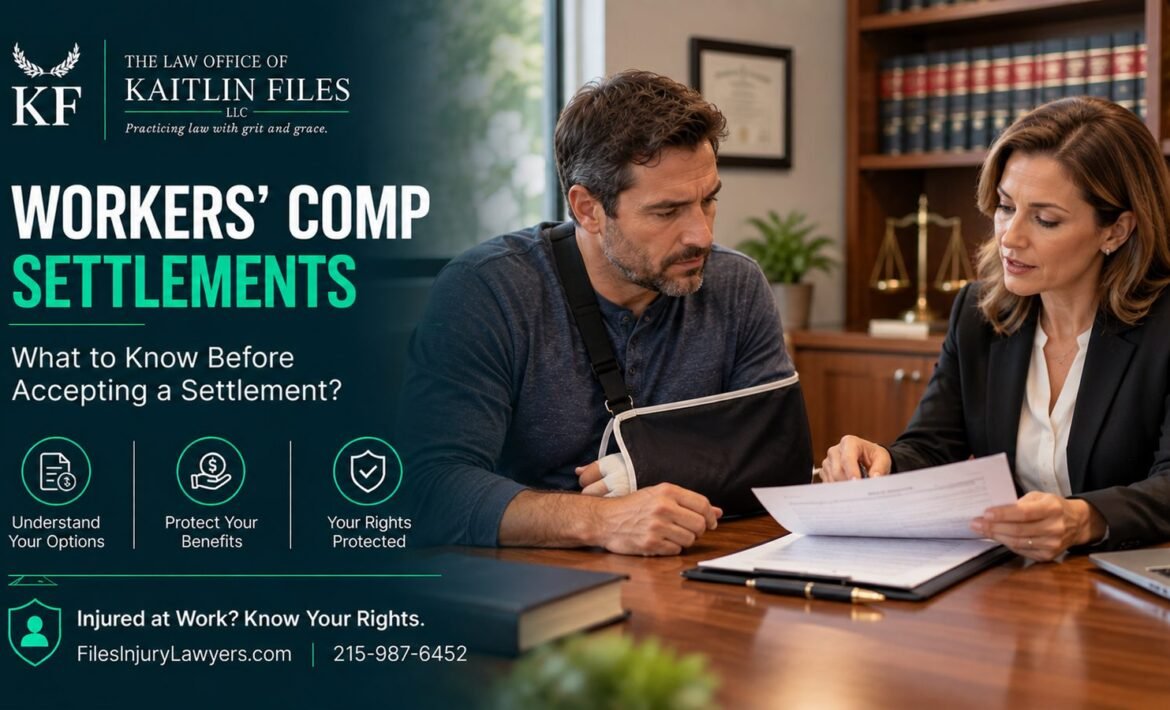 Workers comp settlement – injured worker reviewing settlement papers with an attorney