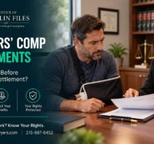 Workers comp settlement – injured worker reviewing settlement papers with an attorney