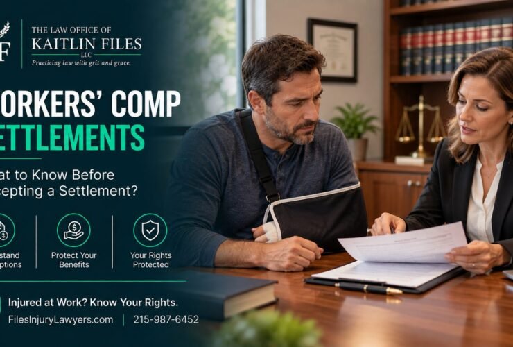 Workers comp settlement – injured worker reviewing settlement papers with an attorney