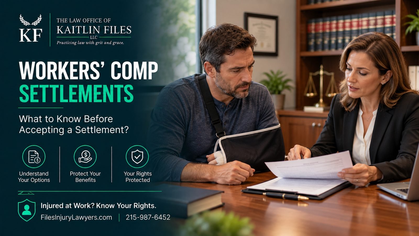 Workers comp settlement – injured worker reviewing settlement papers with an attorney